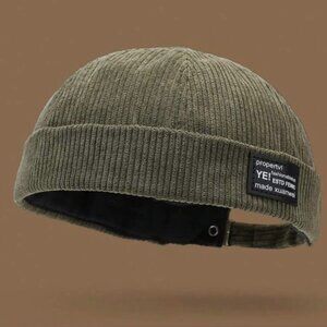 New Unisex Corduroy Beanie Cap With Leather Patch, Retro-Style Dome Hat